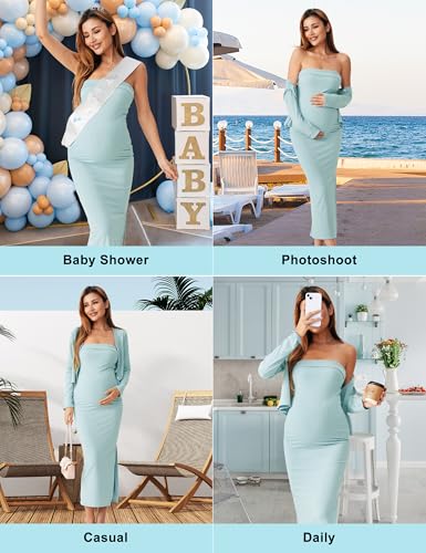 2 Piece Strapless Maternity Dress & Cardigan Set for Baby Shower - color: Light Blue, size: X-Large