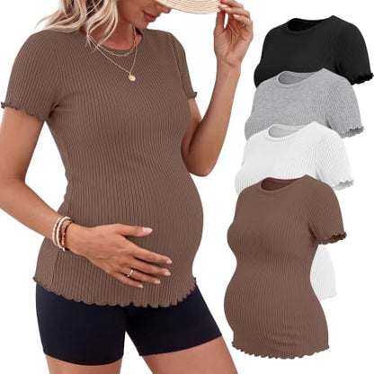 Riyiper 4 Pack Maternity Ribbed Knit Shirts for - color: Brown, White, Light Gray, Black, size: XX-Large