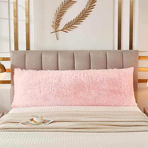 JAUXIO Faux Fur Fluffy Body Pillow Cover Luxury Shaggy Plush Decorative Solid Body Pillowcase, Ultra Soft and Cozy Zipper Closure 21 x 54 Inches, Pink - color: Pink