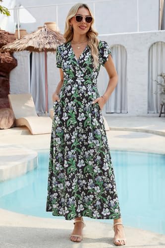 OUGES Women's Wrap V Neck Summer Maternity Photoshoot Dress with Pockets - color: Black Green White Floral, size: XX-Large
