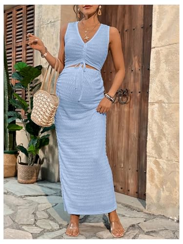 Milumia Women's Maternity 2 Piece Outfits Tank Top Bodycon Maxi Skirt Sets - color: Light Blue, size: Medium