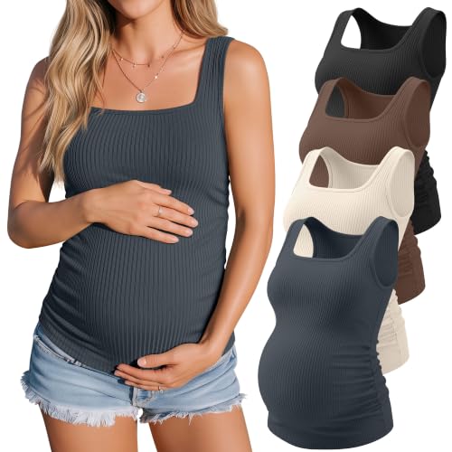 4 Pack Maternity Ribbed Tank Tops - color: Charcoal Gray, Apricot, Brown, Black, size: Small