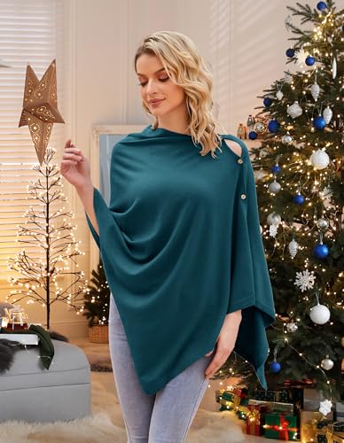 PULI Women's Versatile Knit Shawl Poncho Sweater Button Scarf - color: Dark Cyan