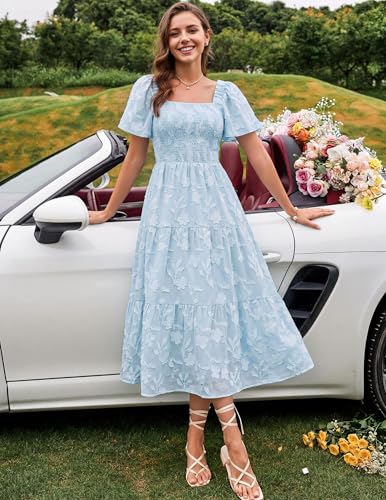 ZESICA Womens 2026 Summer Boho Wedding Guest Midi Dresses - color: Blue, size: Medium