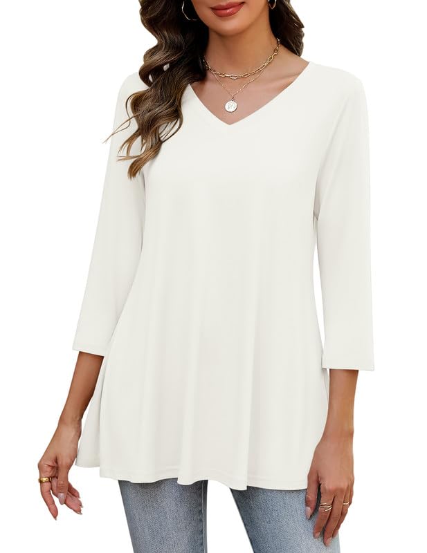 Misakia Women's Tunic Tops, 3/4 Sleeve V Neck Loose Fit - color: 1235-white, size: Small