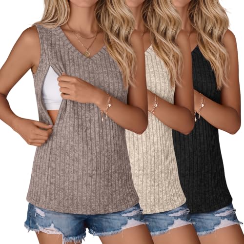 3 Pack Women's Nursing Tank Tops - color: Coffee, Apricot, Black, size: Small