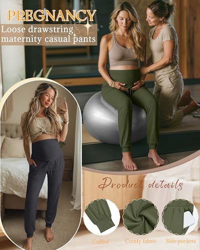 3 Pack Womens Maternity Pants Loose Pregnancy Joggers - color: Army Green, Dark Gray, Black, size: Small