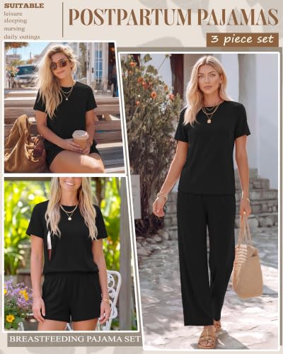 3 Piece Postpartum Nursing Pajamas Set Nursing Lounge Set - color: Black, size: X-Large