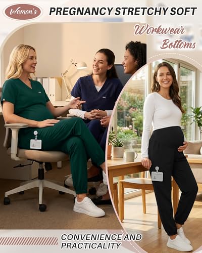 Oakgarden 2 Pack Women's Maternity Scrub Pants Pregnancy Scrubs - color: Black, Dark Green, size: Medium