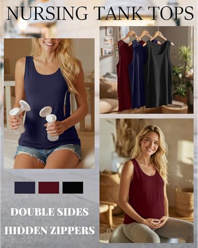 Ficerd 3 Pack Women's Nursing Tank Tops - color: Black, Navy Blue, Wine Red, size: Large