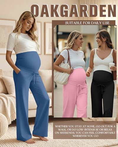 Oakgarden 3 Pack Women's Maternity Pants Over Belly - color: Black, Denim Blue, Pink, size: Medium