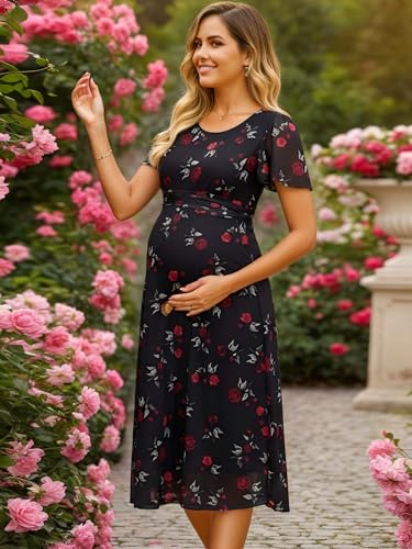 Maternity Wedding Guest Dress Floral Mesh Dress - color: Black, size: Medium