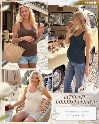 Ficerd 3 Pack Women's Maternity Ribbed Tank Tops - color: Charcoal Black, Apricot, Brown, size: Small