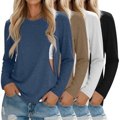 4 Pack Nursing Breastfeeding Tops with Hidden Zipper - color: Hazy Blue, Khaki, White, Black, size: Small