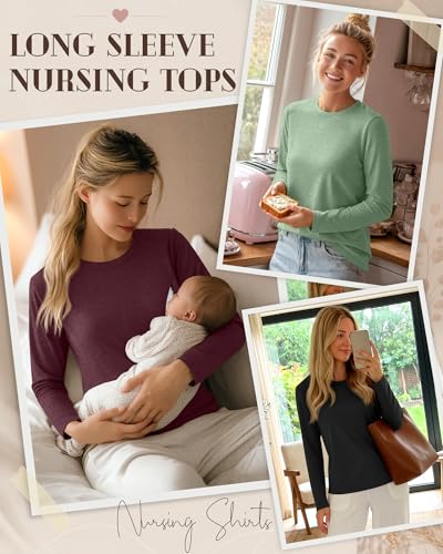 3 Pack Women's Nursing Tops Breastfeeding Shirts Fall - color: Light Green, Burgundy Red, Black, size: Medium