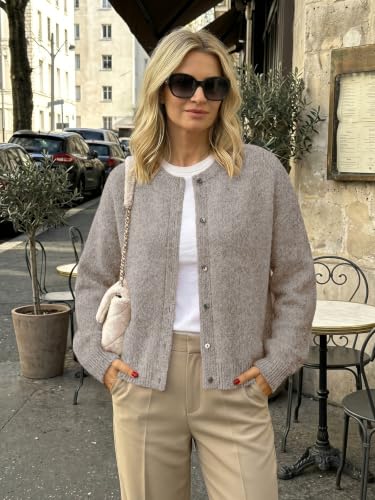 LILLUSORY Womens Crew Neck Button Down Cardigan Sweater - color: Khaki, size: Medium