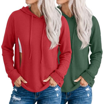 Ficerd 2 Pack Women's Nursing Waffle Hoodies Breastfeeding Tops - color: Watermelon Red, Turquoise, size: Small