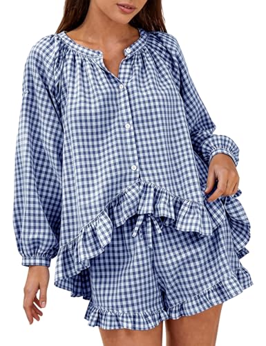 COZYPOIN Womens Gingham Pajama Set 2 Piece 100% Cotton Ruffle Lounge Set - color: Navy, size: Small