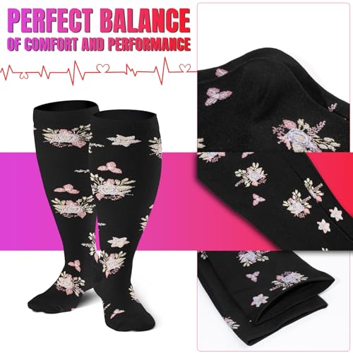 bropite Plus Size Compression Socks For Women&Men,Wide Calf Knee High Socks - color: 09 4 B-p-w-b Flower Plus, size: 3X-Large