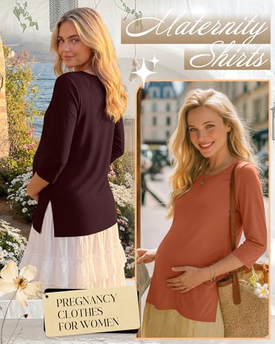 3 Pack Women's 3/4 Sleeve Maternity Loose Crewneck Tops - color: Burgundy, Mixed Gray, Pumpkin, size: Small