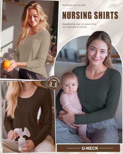 3 Pack Women's Long Sleeve Nursing Tops - color: Dark Gray, Light Camel, Dark Brown, size: Small