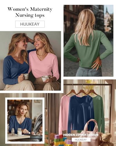 Huukeay 3 Pack Maternity Nursing Tops Breastfeeding Shirts - color: Apple Green, Light Pink , Haze Blue, size: X-Large