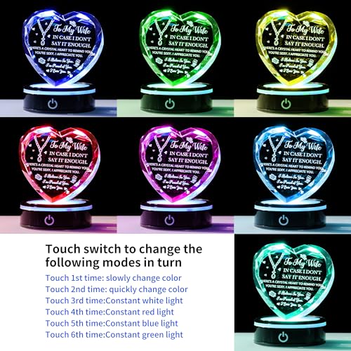 3D Laser Engraved K9 Crystal Heart with LED Base Romantic Gift for Wife - color: Wife Gift
