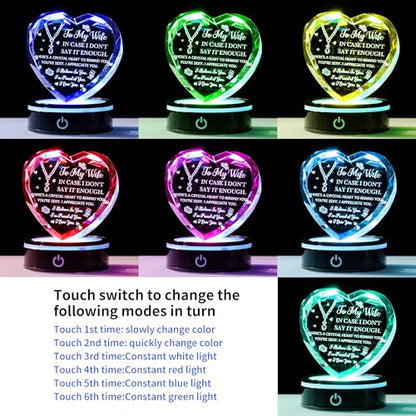 3D Laser Engraved K9 Crystal Heart with LED Base Romantic Gift for Wife - color: Wife Gift