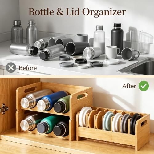 RattanView 3 Pcs Bamboo Water Bottle Organizer and Tumbler Lid Organizer