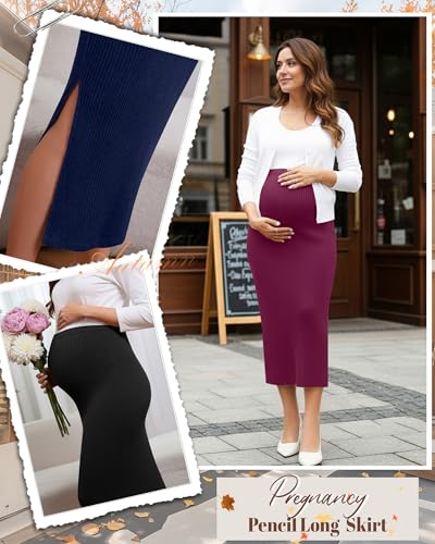 Neer 3 Pack Women's Ribbed Knit Maternity Skirts - color: Fuchsia, Navy Blue, Black, size: Medium