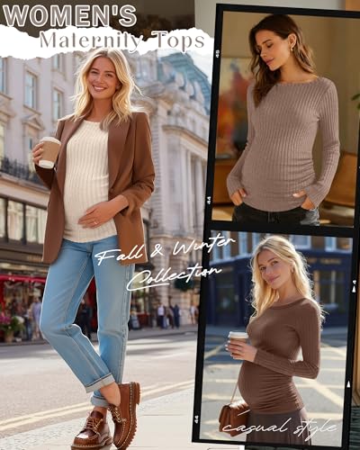 3 Pack Maternity Sweaters Long Sleeve Pregnancy Tops - color: Apricot, Khaki, Dark Brown, size: Medium