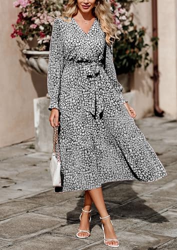 PRETTYGARDEN Womens Long Sleeve Boho Maxi Fall Floral Wedding Guest Dresses - color: Black, size: Medium