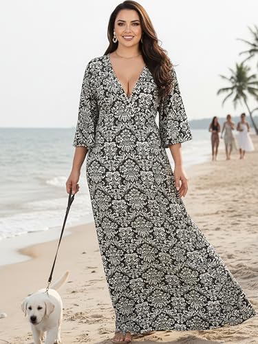 KOH KOH Womens Long 3/4 Kimono Sleeve V Neck Boho Print Flowy Maxi Dress - color: White on Black, size: Small