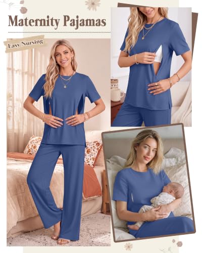 2Pc Postpartum Nursing Pajamas Set - color: Dark Blue, size: X-Large