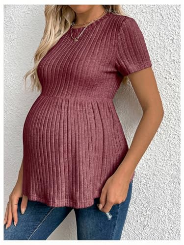 RoseSeek Women's Ribbed Knit Maternity T Shirt Short Sleeve Peplum Tops - color: Deep Red, size: Small