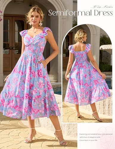 GRACE KARIN Women's Summer Floral Maxi Wedding Guest Dresses - color: Blue Pink, size: XX-Large