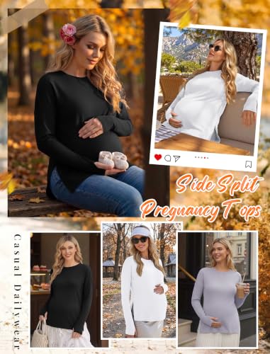3 Pack Women Maternity Shirts Long Sleeve Pregnancy Tops with Thumb Hole - color: Black/White/Light Grey, size: Small