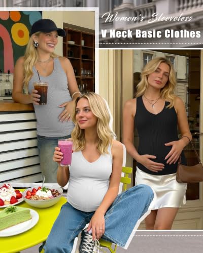 3 Pack Maternity Tank Tops Ribbed V Neck - color: Black, Light Gray, White, size: XX-Large
