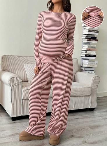 BLENCOT Maternity 2 Piece Outfits Striped Long Sleeve Pregnancy Set - color: Pink, size: Small
