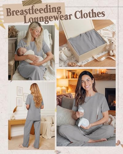 2Pc Postpartum Nursing Pajamas Set - color: Light Heather Gray, size: X-Large