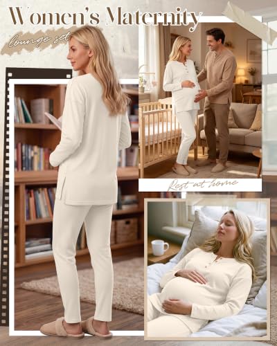 Huukeay Maternity Lounge Set Long Sleeve - color: Beige, size: XX-Large