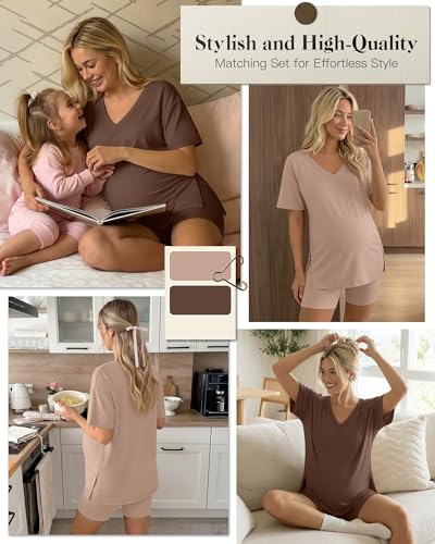 2 Pack Women Maternity Set Pregnancy Outfit - color: Apricot, Coffee, size: Medium