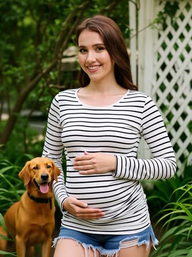 3 Pack Maternity Shirts Long Sleeve Crew Neck Pregnancy Top for Women - color: Black/Dark Green/White Stripe, size: Medium