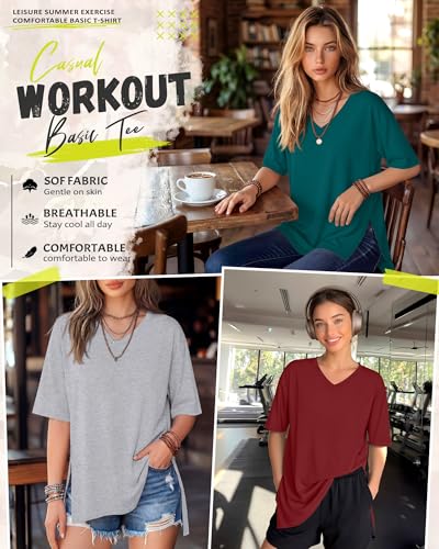 4 Pack Women's Oversized V Neck Shirts - color: Black, Gray, Wine Red, Dark Teal, size: Small