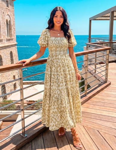 ZESICA Womens 2026 Summer Boho Floral Ruffle Maxi Dress - color: Beige, size: Large