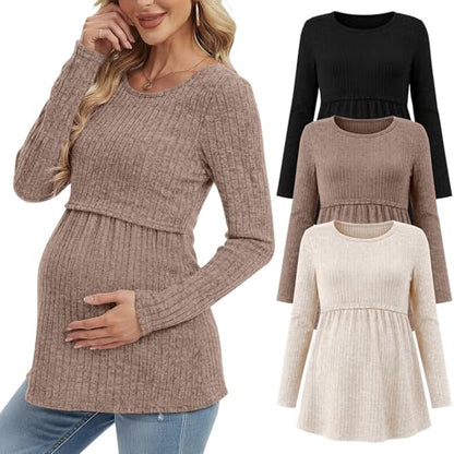 Cutecrop 3 Pack Women Maternity Tops Long Sleeve Pregnancy Shirts Double Front Layer Nursing Breastfeeding Postpartum Clothes - color: Black/Khaki/Coffee, size: Large