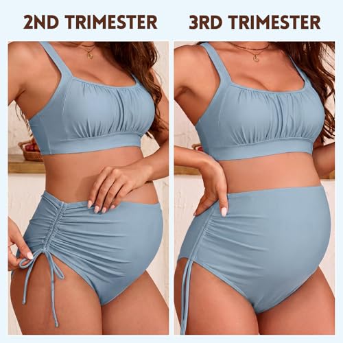 American Trends Maternity Swimsuit Two Piece - Adjustable Drawstring Side Ruched Pregnancy Bikini High Waisted Bathing Suit - color: Baby Blue, size: Medium