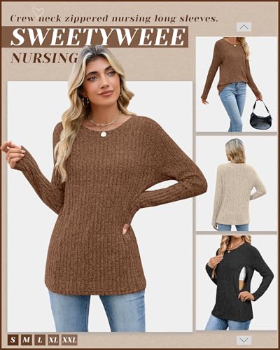 3 Pack Maternity Nursing Ribbed Long Sleeve Tops - color: Black, Apricot, Brown, size: Small