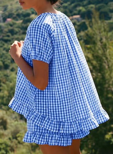 BLENCOT Maternity Clothes 2 PCS Gingham Cotton Pregnancy Pajamas Short Sets - color: Blue, size: Medium