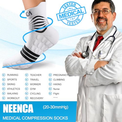 NEENCA Professional Compression Socks for Women Men Circulation, 20-30 mmHg - color: White, size: X-Large